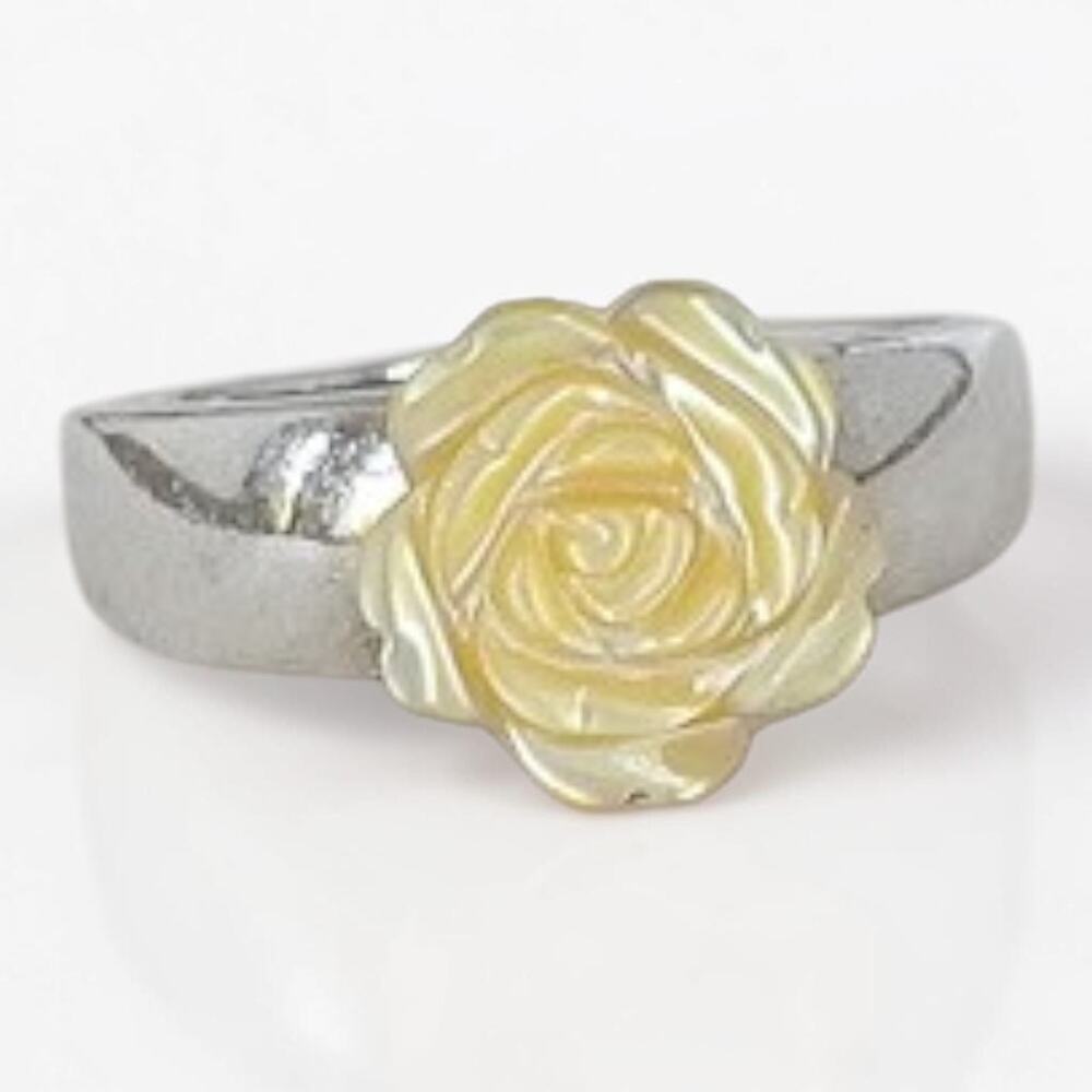 Sterling Silver 925 Carved Shell Rose Flower Ring Wide Band Vintage Size 6